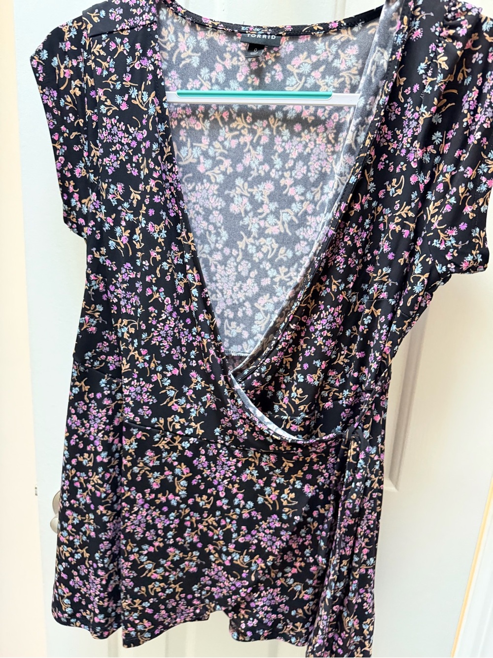 Torrid Black Floral Wrap top - Black with Purple & Pink Flowers
